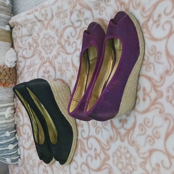 2 pair H&M Satin Espadrille Peep Toe Wedge 1 Black 1 Magenta - Picture 2 of 16